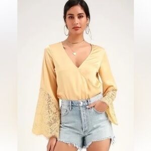 Lulu’s Promising Penny Light Yellow Satin Long Bell Sleeve Bodysuit